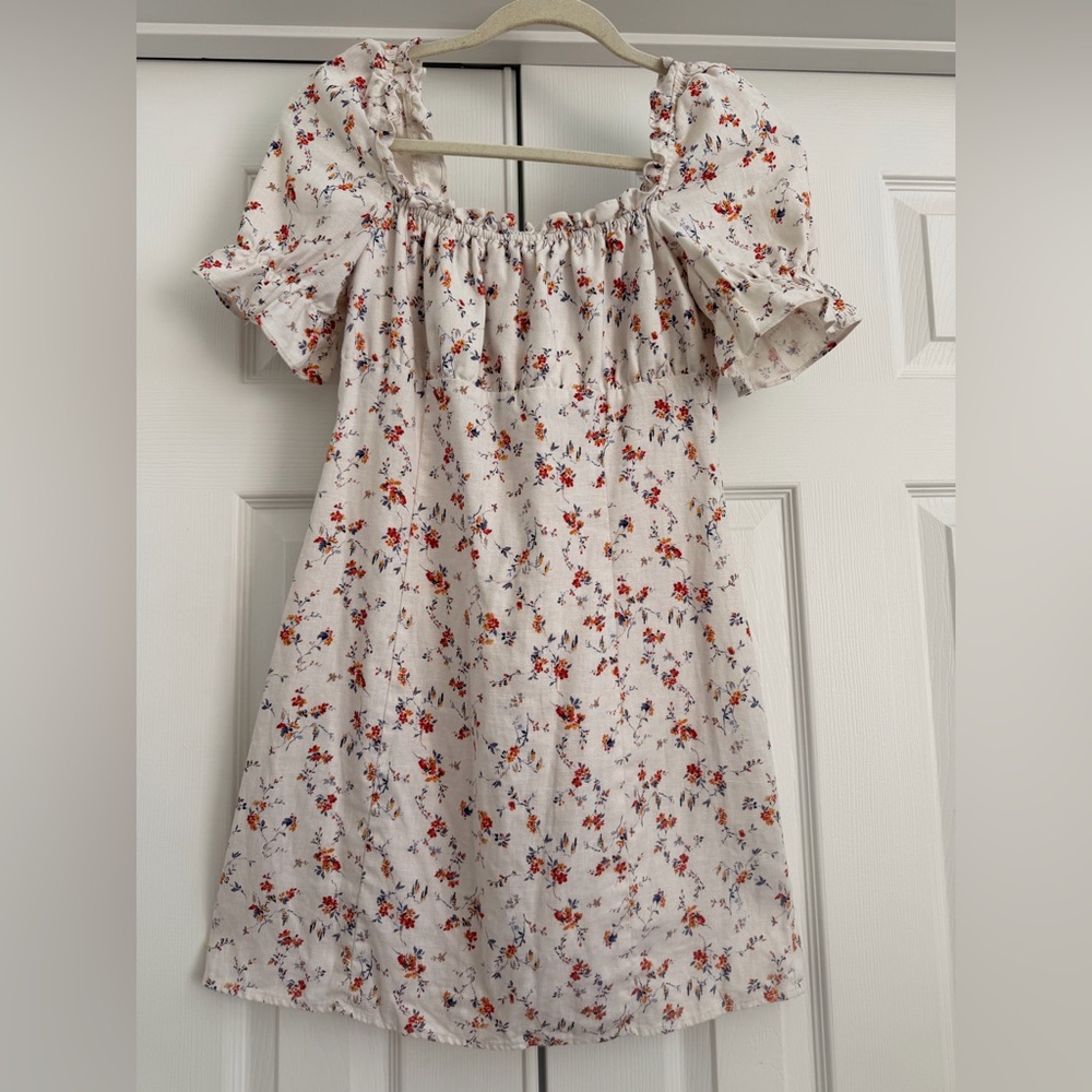 100% linen Reformation White Floral Mini Dress Robles puffed sleeves - Picture 3 of 12